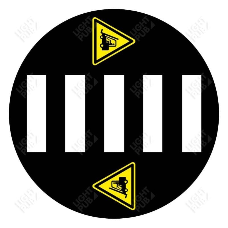Proyección de señal luminosa de paso de peatones en el suelo con señal de precaución en el carro