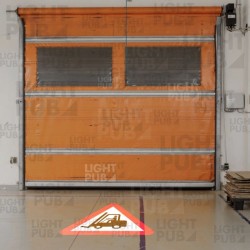Projection of illuminated sign warning cart in front of door automatic opening